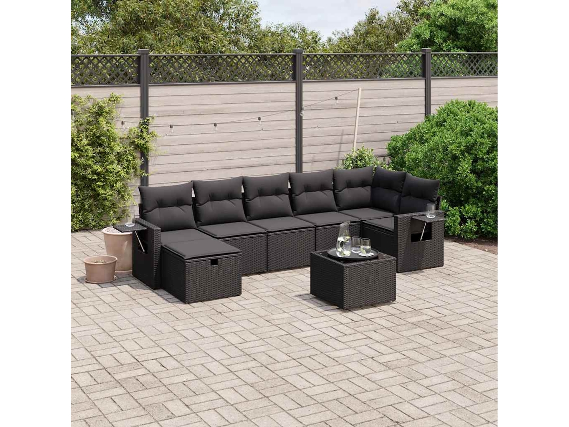 Vidaxl 8 Pcs Conjunto Sofás De Jardim Com Almofadões Vime Pe Preto