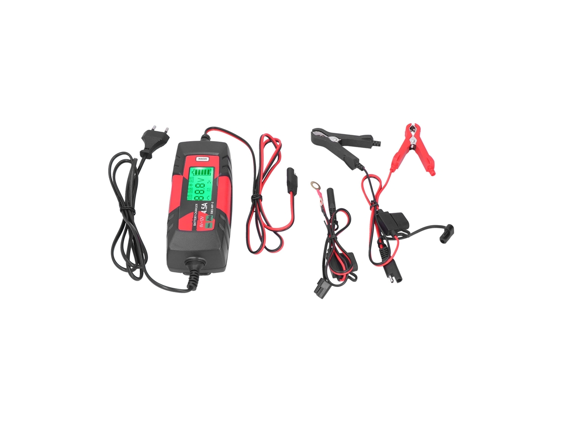 Carregador automático inteligente de baterias para carros 6V 12V com visor LCD e função de manutenção de bateria.