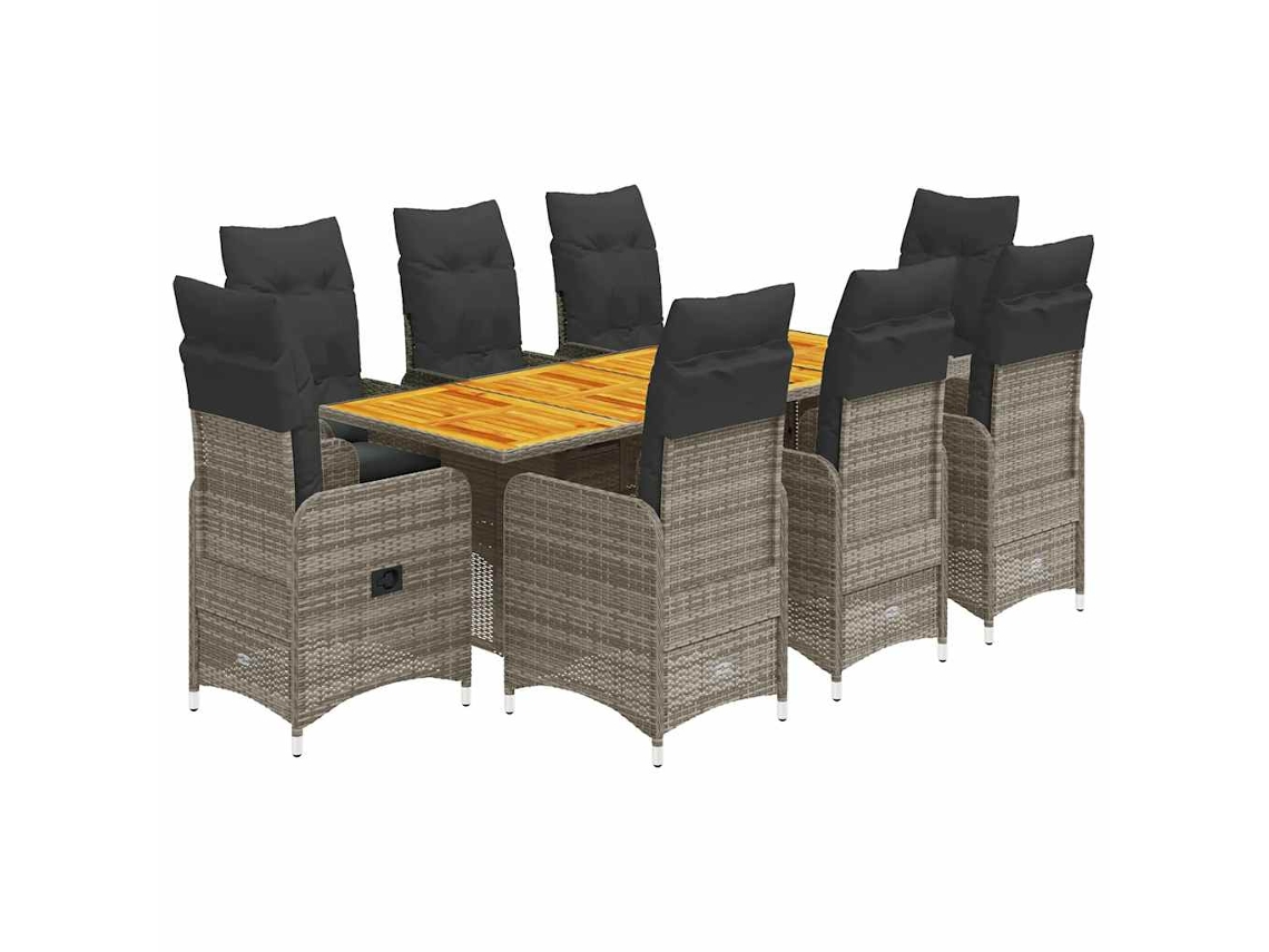 Conjunto 9 bistrô de jardim c/ almofadões VIDAXL vime PE cinzento