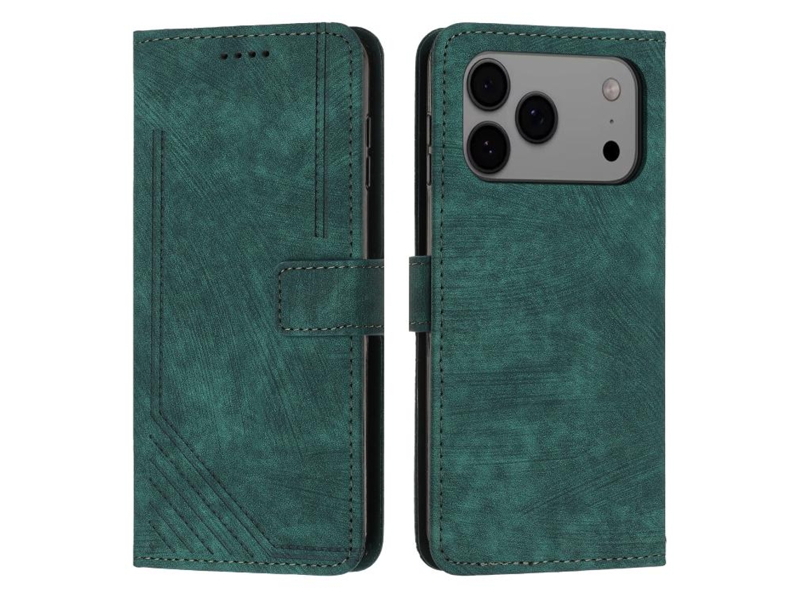 Capa De Couro Para Iphone 17 Pro Com Padrão Listrado E Cordão.