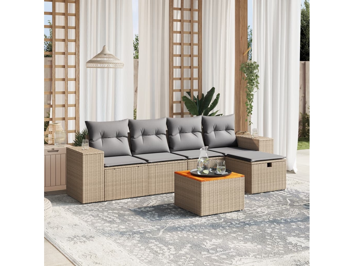 Vidaxl 6 Pcs Conj. Sofás Jardim C/ Almofadões Vime Pe Bege Misturado