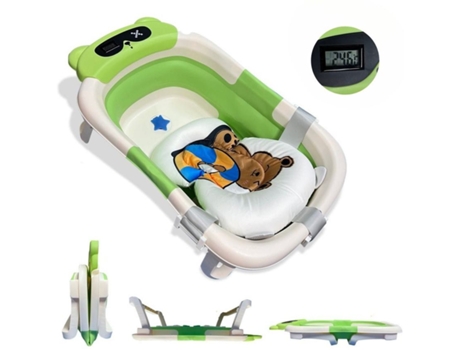 Banheira Portátil Dobrável Verde Para Bebé Com Design Ergonómico, Almofada Antiderrapante E Termómetro Integrado, Modelo Urso Home X Gym