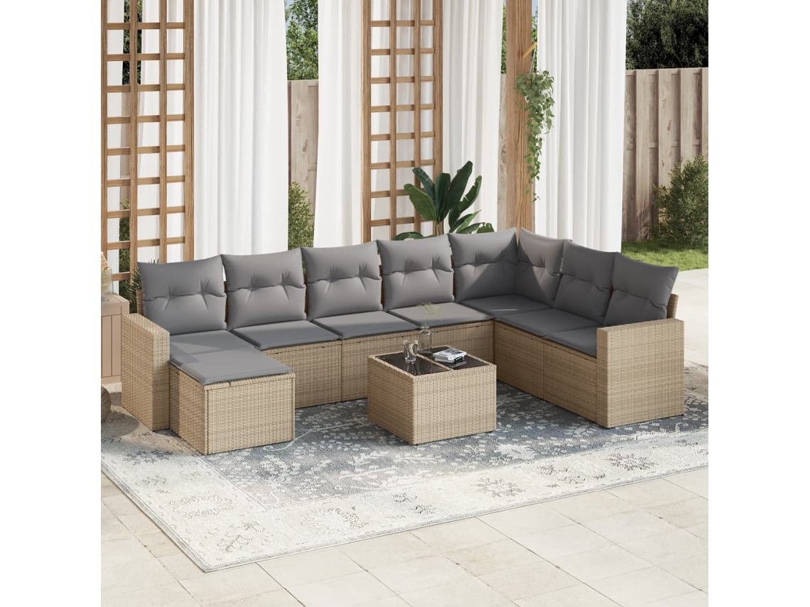 Vidaxl 9 Pcs Conjunto De Sofás P/ Jardim Com Almofadões Vime Pe Bege