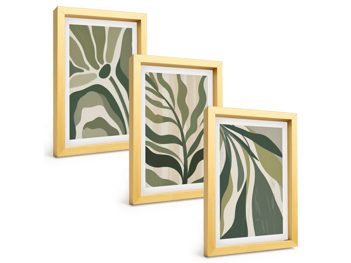 Composição De Quadros Ilustrações De Folhas Verdes Pintadas Espelharte (3 Peças 20x30 Cm)