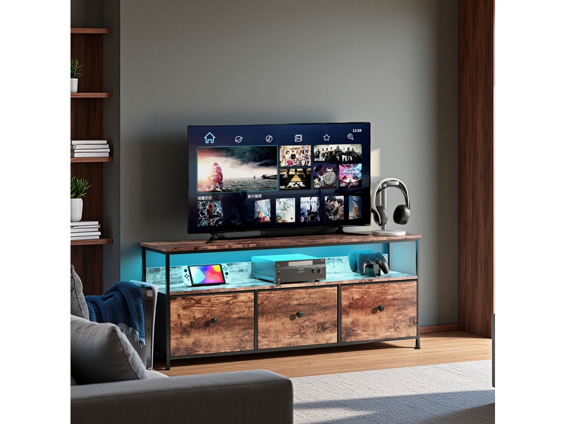 Rack de TV LED 108 cm, 3 Gavetas Tecido Vintage, Estrutura Metálica Resistente, Pés Ajustáveis, Estilo Retrô-Modern