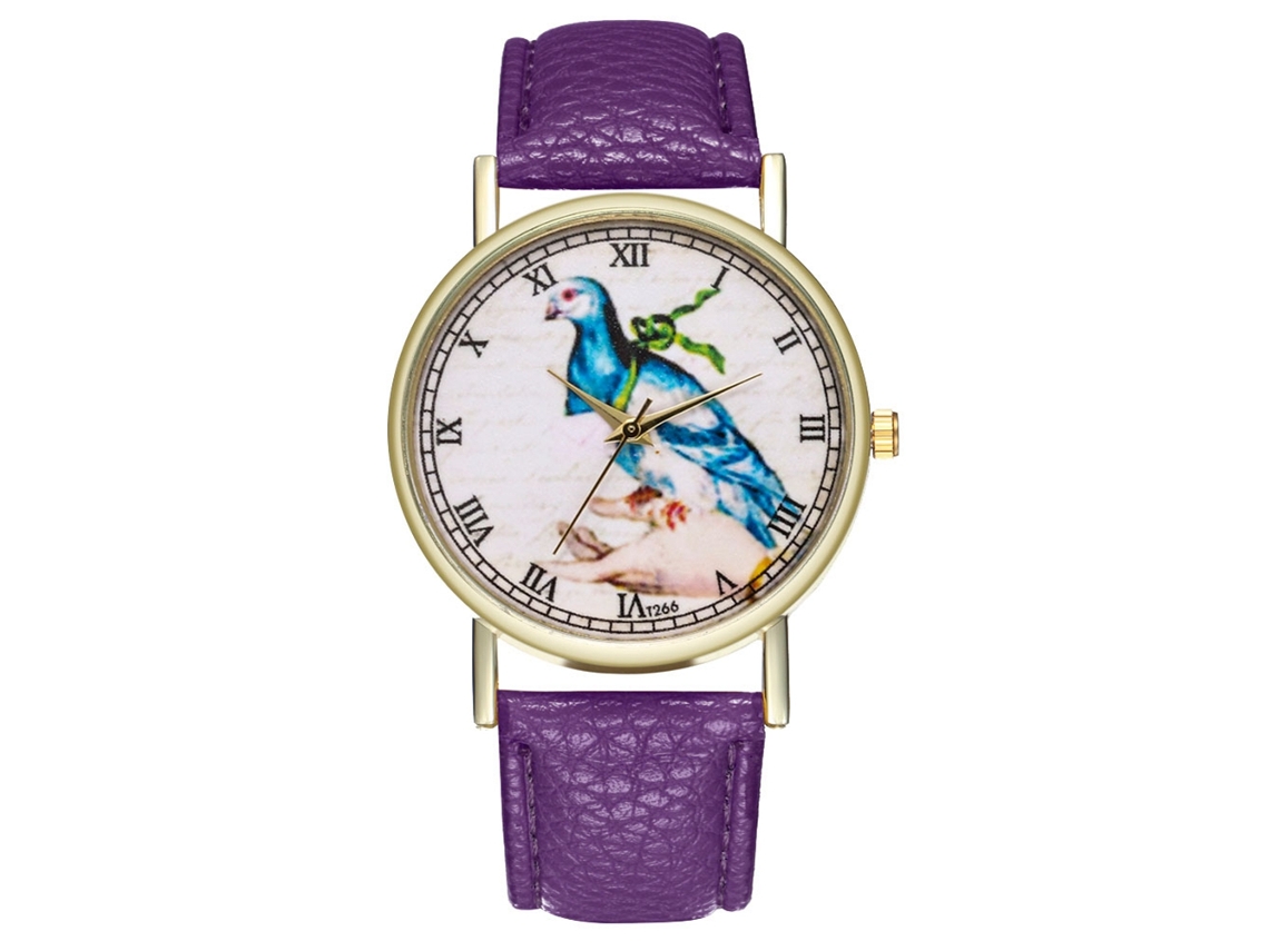Relógio feminino de quartzo simples com pulseira de couro, estampa clássica de pássaros (roxo)