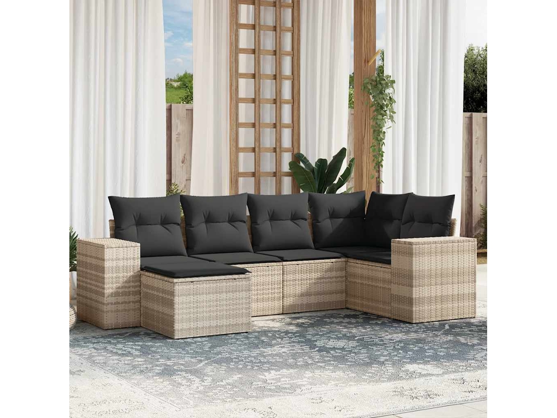 Vidaxl 6 Pcs Conj. Sofás Jardim Com Almofadões Vime Pe Cinzento-claro