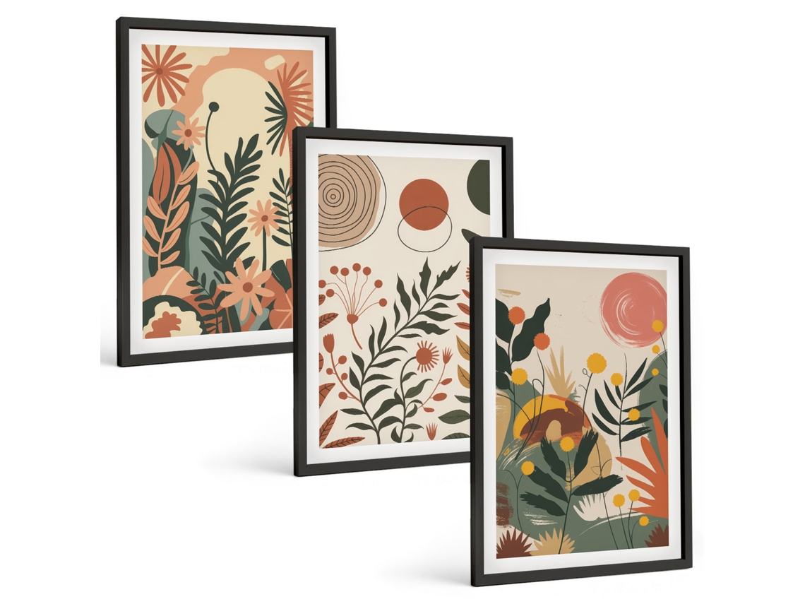 Conjunto De Pinturas Padrões De Plantas, Vintage, Pastel Espelharte (3 Peças 40x60 Cm)
