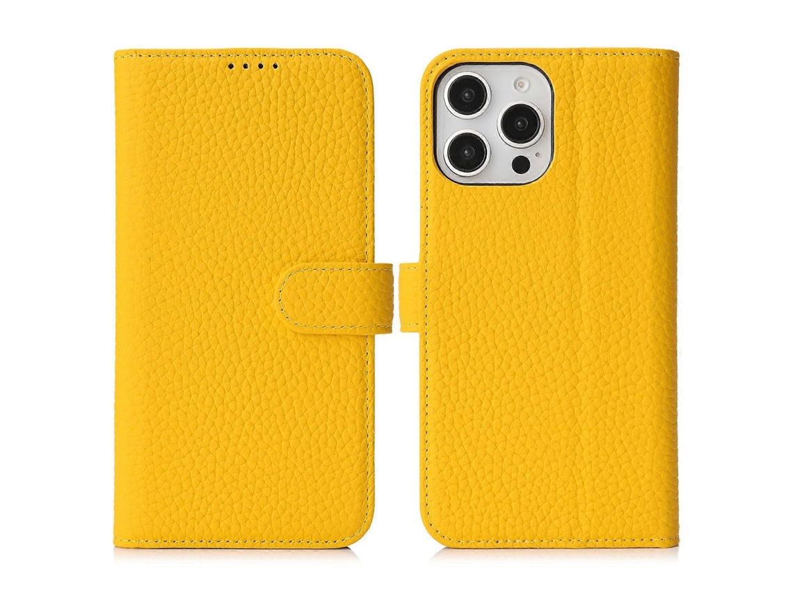 Capa Tipo Carteira Para Iphone 16 Pro Max Com Textura De Lichia E Couro Bovino Legítimo, Com Bloqueio Rfid, Amarela