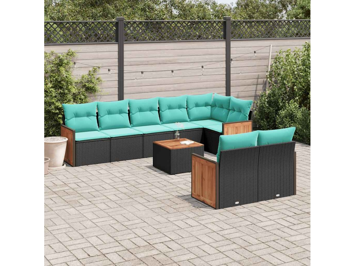 Vidaxl Conjunto De Sofá De Jardim De 9 Peças Com Almofadas Em Rattan Sintético Preto