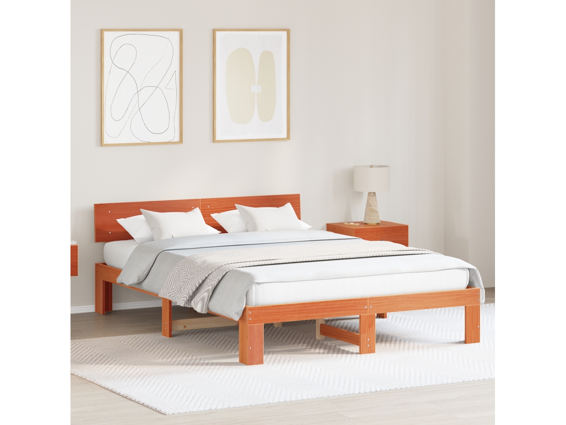 Estrutura De Cama Com Cabeceira Encerada 160x200 Cm Madeira De Pinho