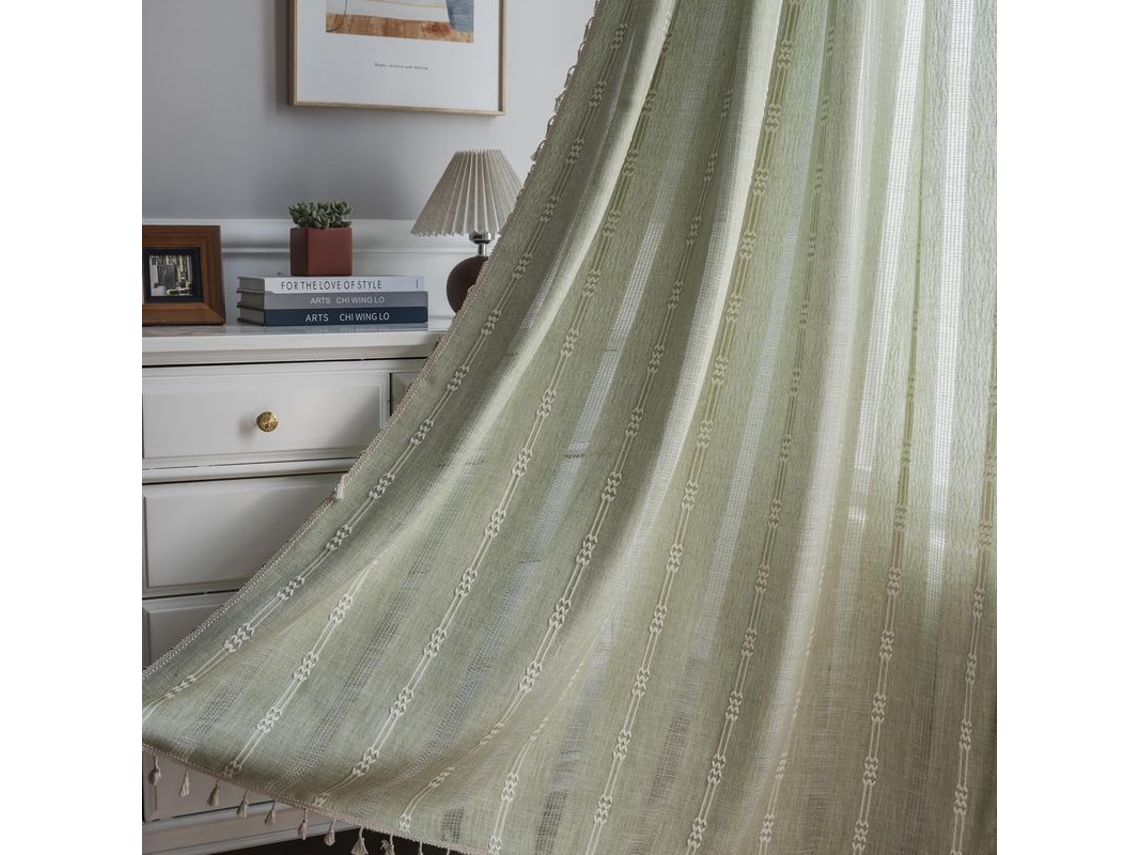 Cortinas de Linho Boho Verde Sálvia 213cm para Quarto e Sala