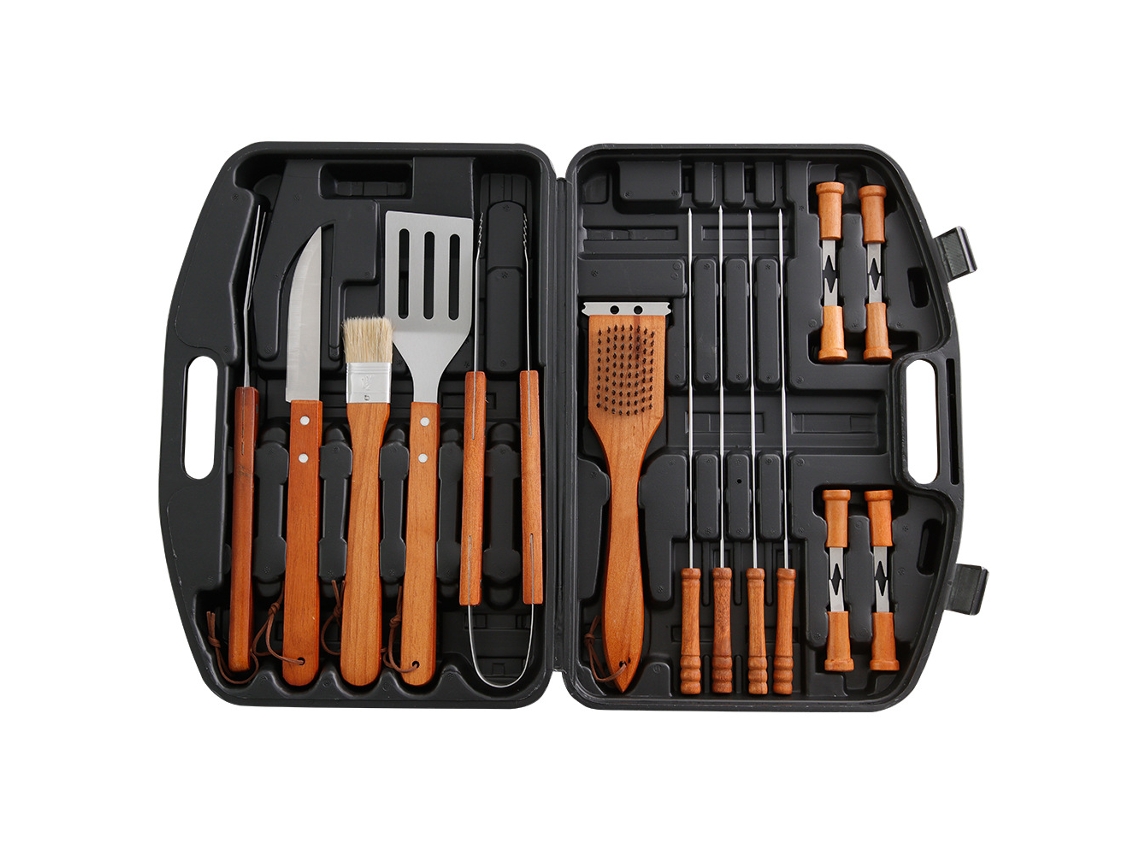Conjunto De 19 Peças De Utensílios Para Churrasco Em Aço Inoxidável Com Cabos De Madeira — Kit Para Grelhar Ao Ar Livre