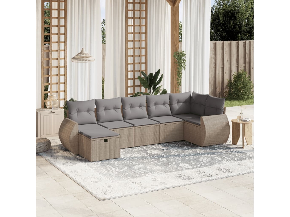 Vidaxl 7 Pcs Conj. Sofás Jardim C/ Almofadões Vime Pe Bege Misturado