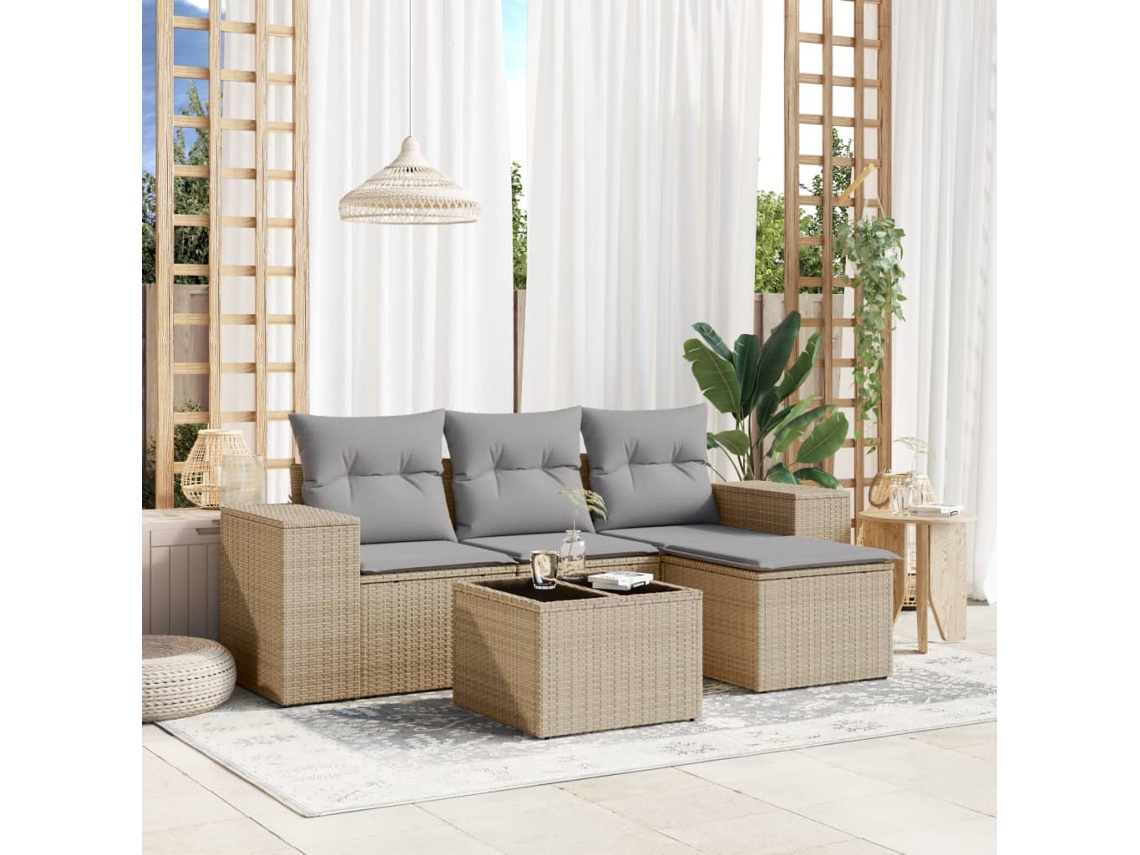 Vidaxl 5 Pcs Conjunto de Sofás P/ Jardim com Almofadões Vime Pe Bege