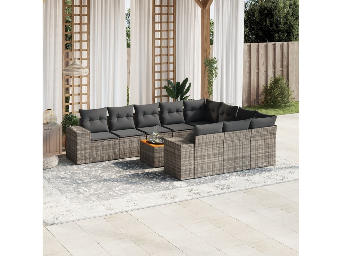 Vidaxl 11 Pcs Conjunto Sofás De Jardim C/ Almofadões Vime Pe Cinzento