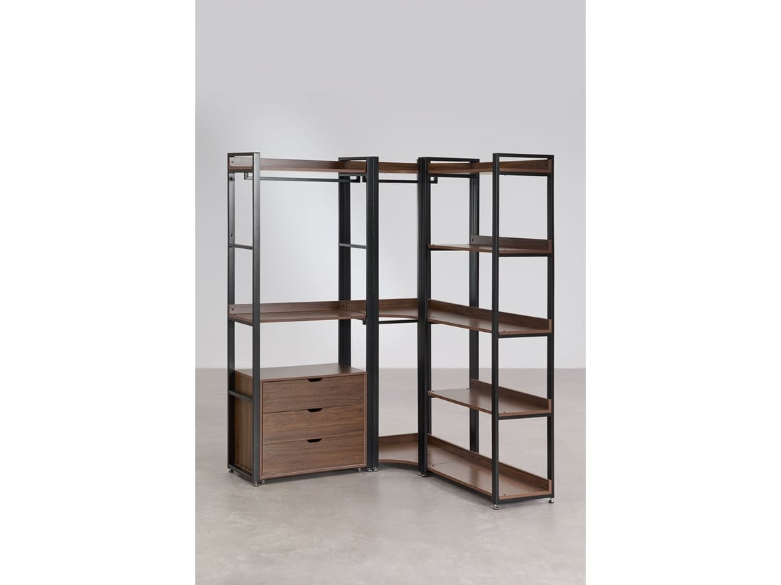Armário Modular Aberto De Canto De 3 Peças Com Gavetas Em Aço E Madeira Ariaster Mdf Folheado A Melamina Preto Sklum