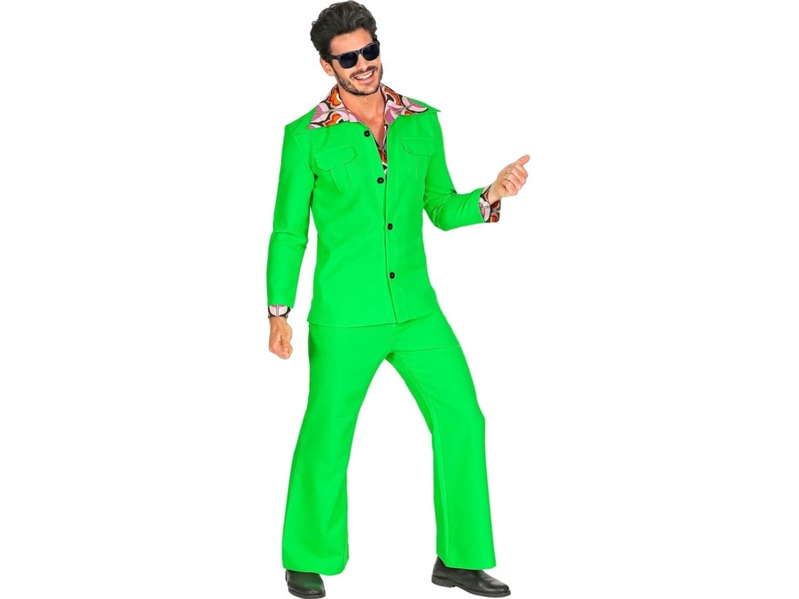 Fato de discoteca masculino verde néon dos anos 70