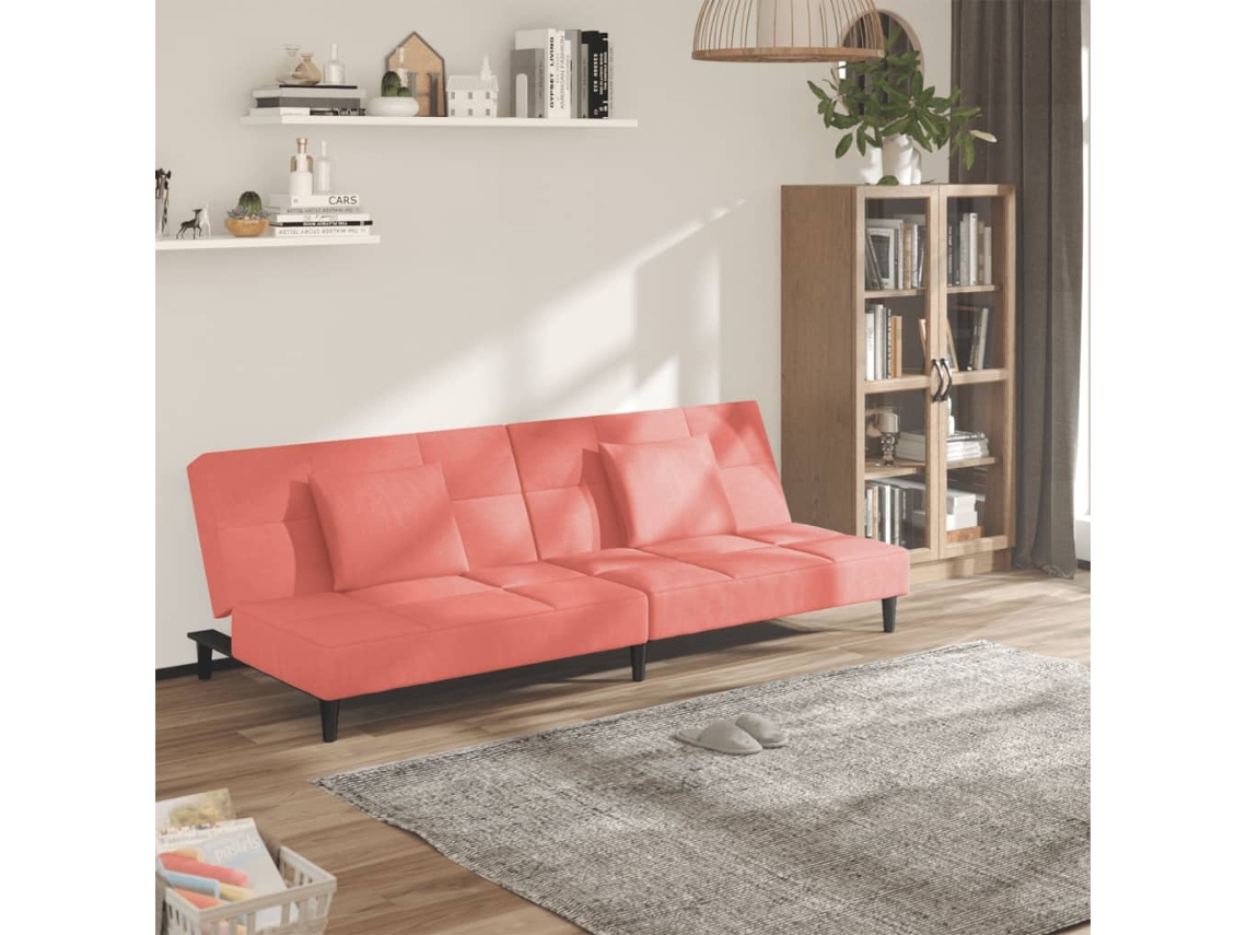Sofá cama HARLANV1 com veludo rosa 2 lugares com duas almofadas