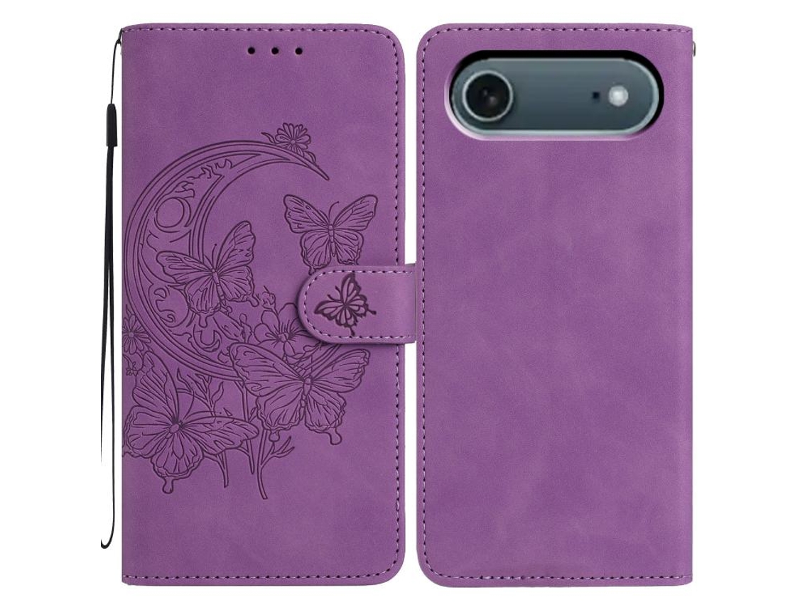 Capa De Couro Para Iphone 17 Air Shell Com Estampa De Borboletas Dançando Ao Luar.