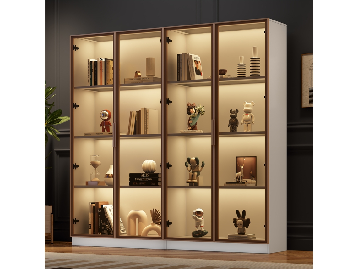 Conjunto 2 Vitrines Brancas De Vidro Com Led, Portas E Prateleiras Ajustáveis
