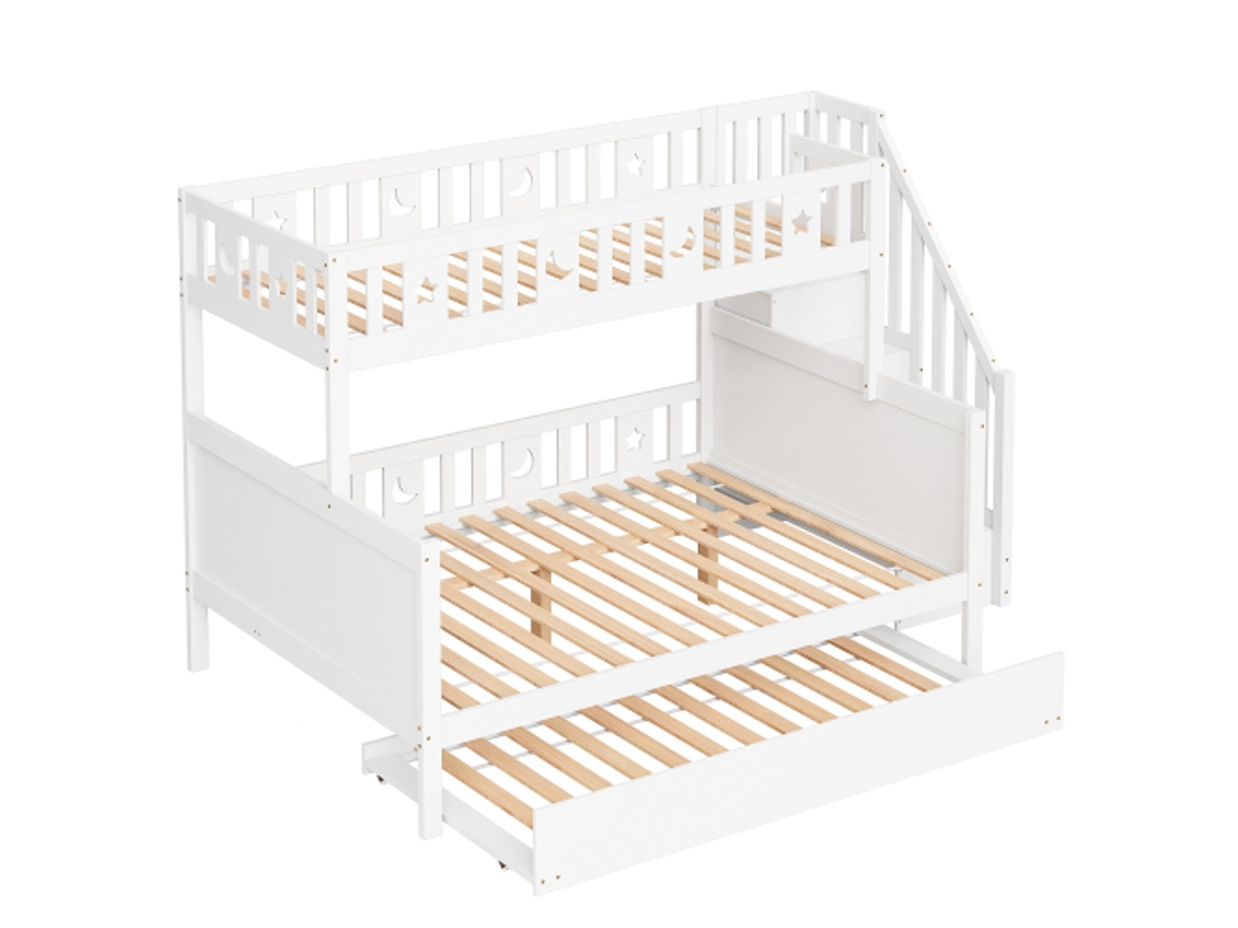 Cama Infantil 90*200/140*200cm, Beliche Em Madeira Maciça Com Escada De Segurança, Cama Auxiliar E Estrado De Ripas, Branca