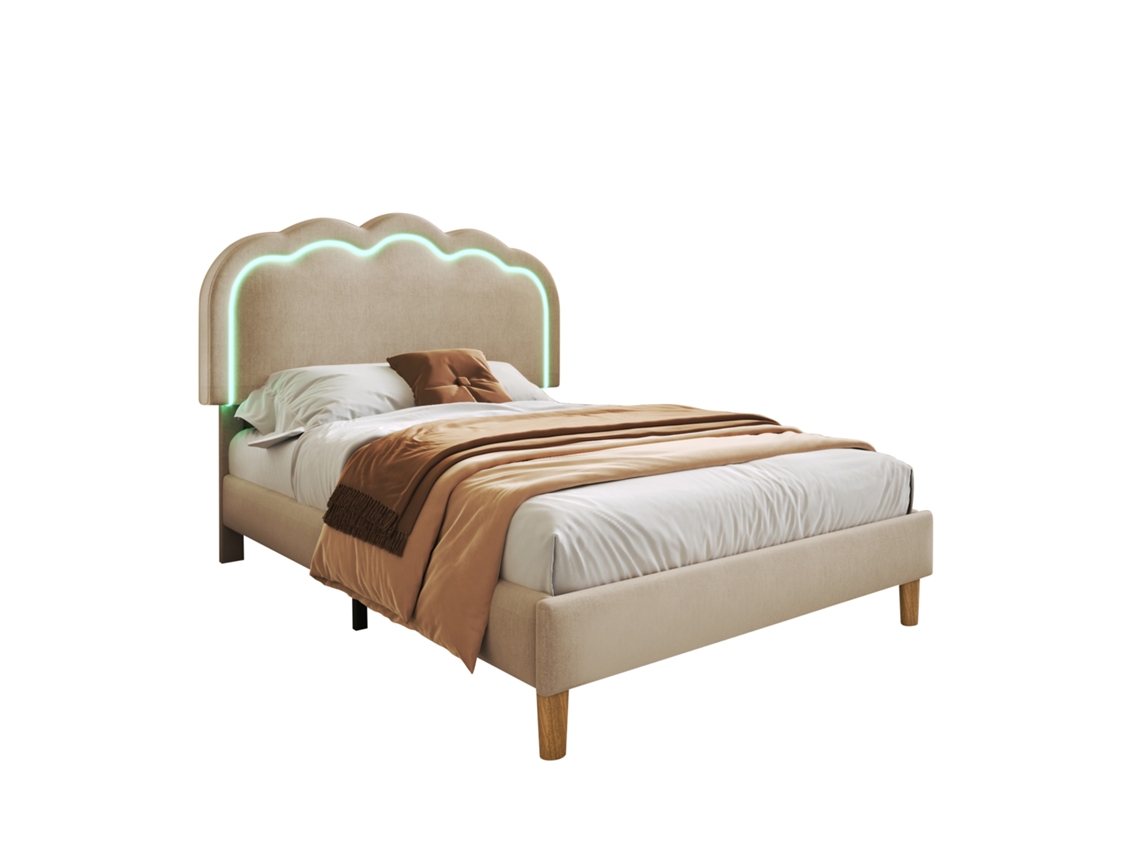 Cama Estofada com led 90x190cm, estrutura com cabeceira ajustável em bege, ideal para quartos juvenis e de hóspedes PAPRIKA