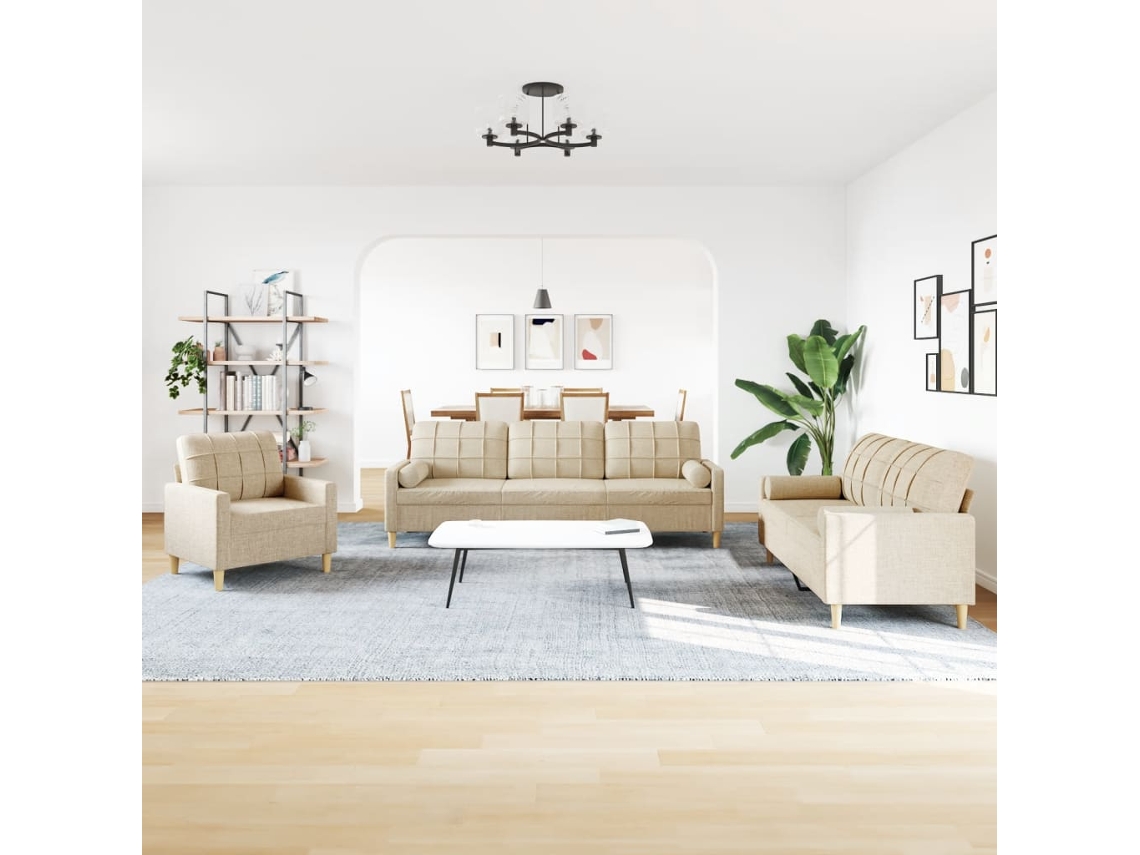 3pcs Conjunto de Sofás C/ Almofadas Decorativas Tecido Creme SYFAX