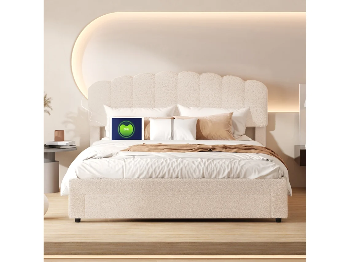 Cama De Casal 140x200 Cm Com Armazenamento E Usb-c, Veludo Teddy, Cor Bege, Design Moderno