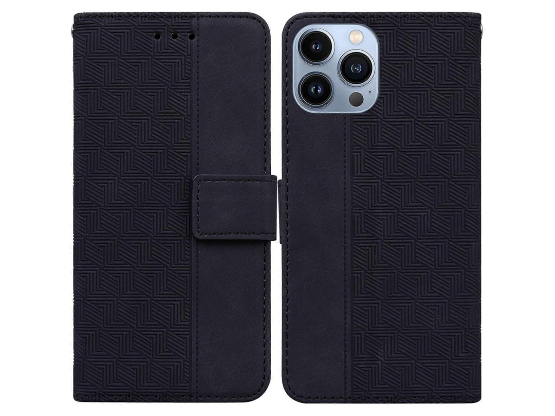 Capa De Couro Com Relevo Geométrico Para Iphone 13 Pro Max, Preta