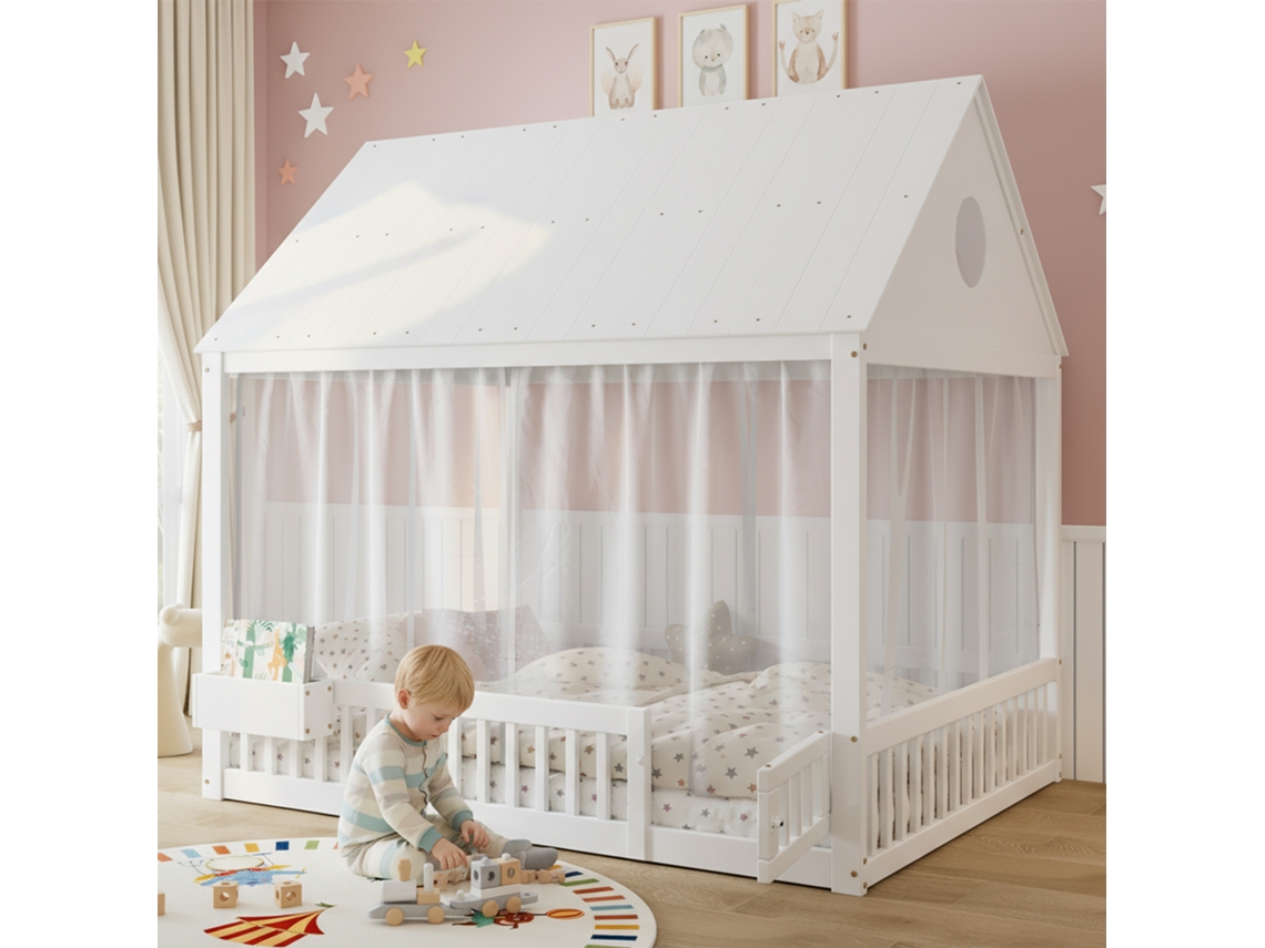 Cama Solteiro 140x200cm Com Berço Janela Telhado Armário Branco