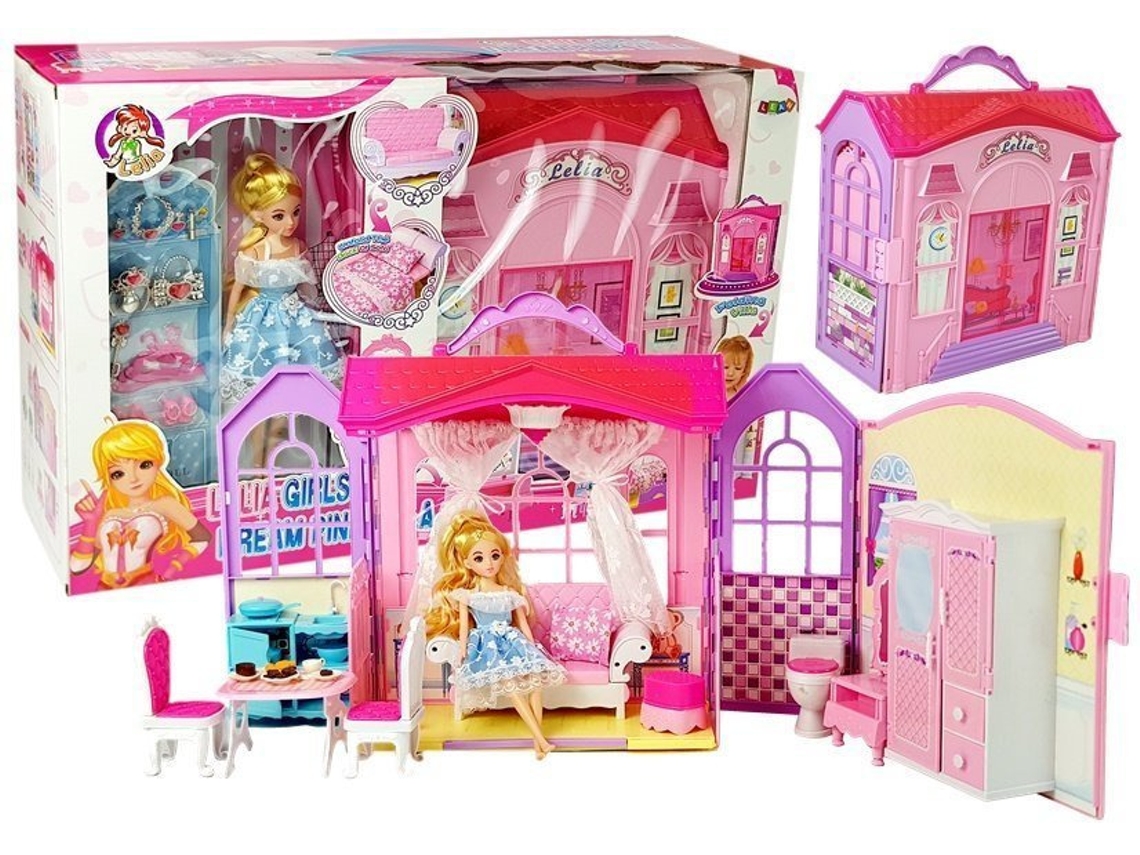 Casa De Boneca Dobrável Boneca Loira Com Acessórios Cozinha Banheiro Quarto Em Uma Mala B.active