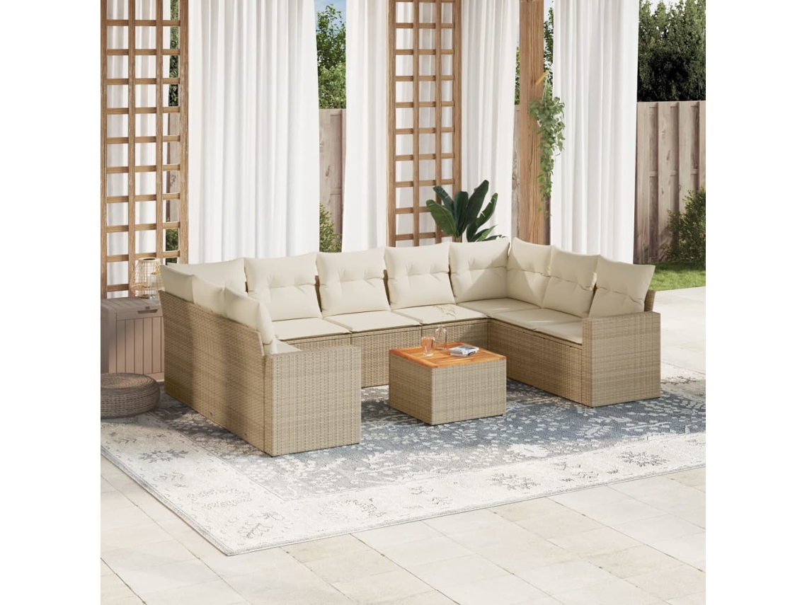 Vidaxl 10 Pcs Conjunto De Sofás P/ Jardim Com Almofadões Vime Pe Bege