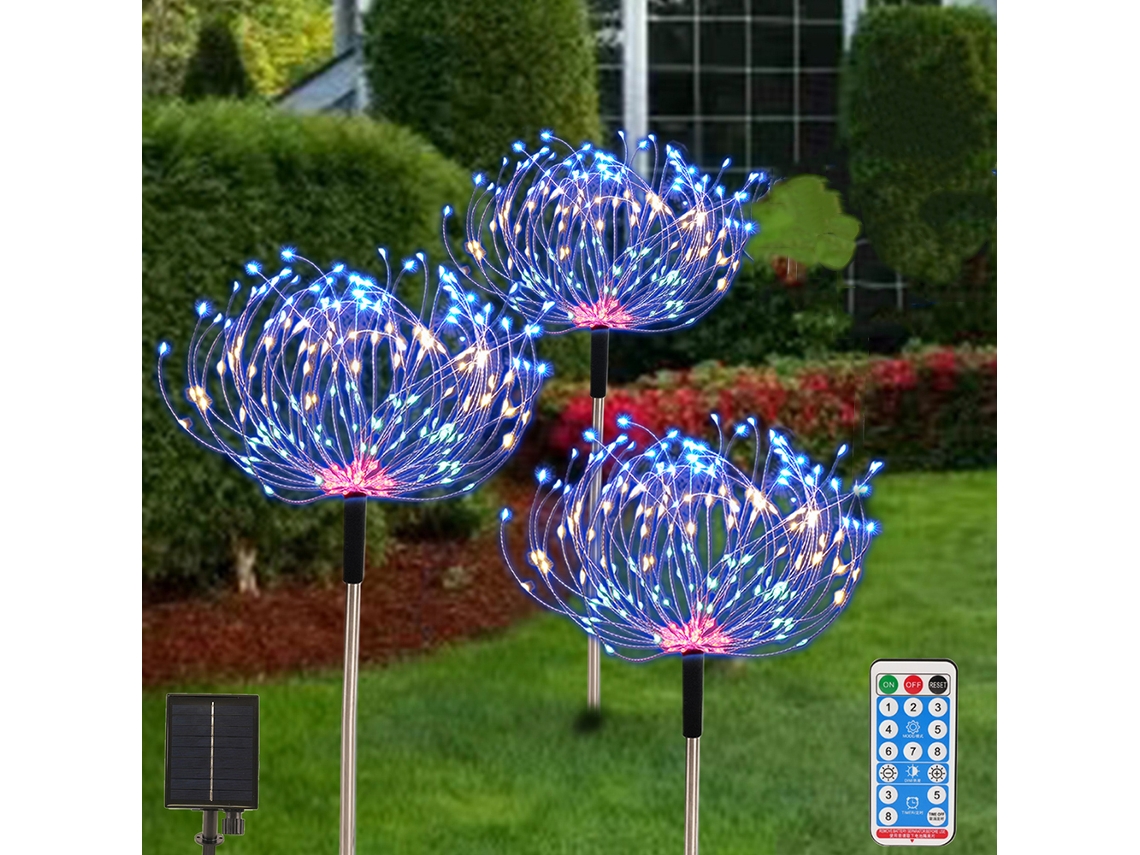 Luzes Solares De Jardim Exterior 3 Fogos De Artifício Iluminação De Caminho Estrelas Impermeáveis Com Controlo Remoto Multicor
