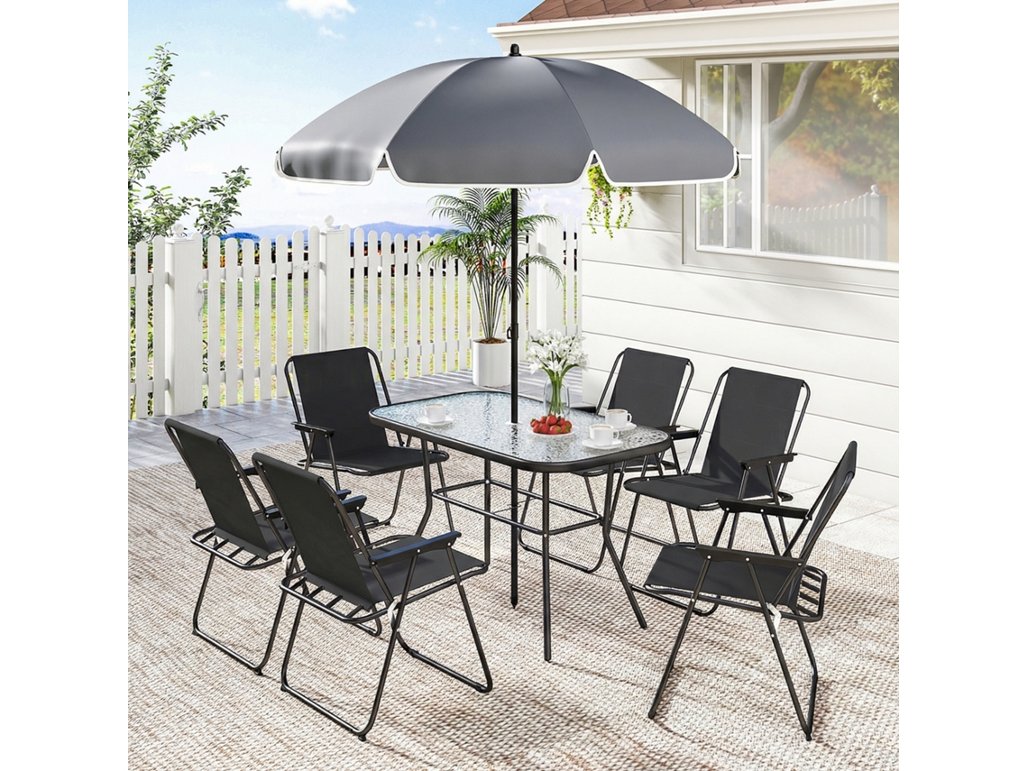 Conjunto Jardim 8 Peças Com Guarda-sol, 6 Cadeiras Dobráveis E Mesa Vidro Temperado, Preto