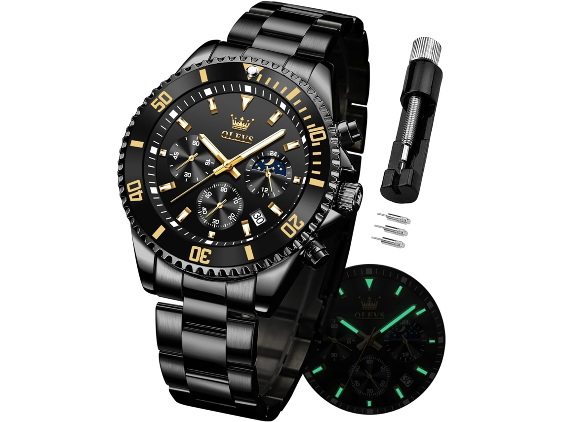Lurelia Relógio Masculino, Movimento De Quartzo, Luminoso, Detalhes Com Strass, Aço Inoxidável, Abs, Preto