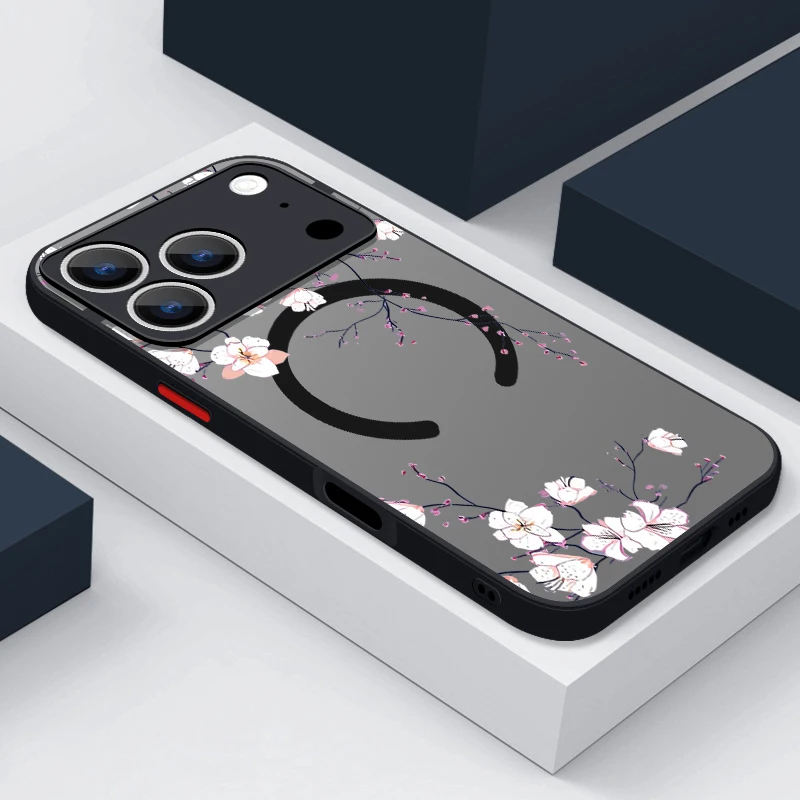 Capa Magnética Para Iphone 11 Pro Max Com Estampa De Rosa E Lótus (preta), Resistente A Impactos.