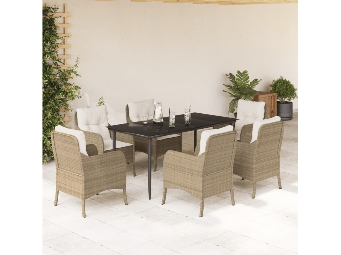 Conjunto 7 Peças Jantar P/ Jardim Com Almofadões Vime Pe Bege Dkd Home Decor