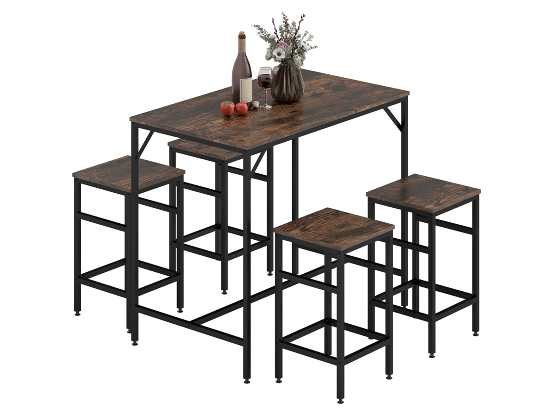 Conjunto De Mesa De Bar Com 4 Bancos E Apoio Para Pés, Mesa 100x60x88cm E Bancos 32x32x57cm, Preto E Nogueira
