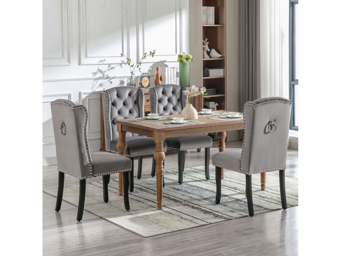 Conjunto 4 Cadeiras Veludo Cinza Com Pés Carvalho E Tachas Decorativas