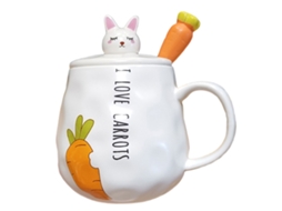 Caneca Cerâmica de 400Ml Caneca Fofa com Colher em Forma de Cenoura Caneca para Estudantes Ou Casais NEVEANCE