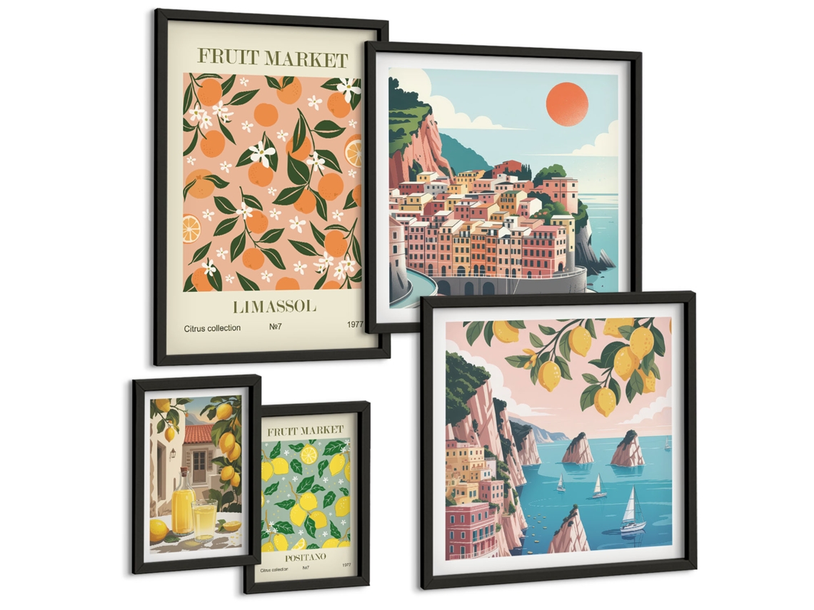 Pinturas Murais Modernas Motivos De Plantas, Cores Suaves Moldura Preta Quadros Para A Sala De Estar Espelharte (conjunto De 5 Imagens)