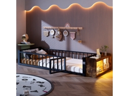 Cama metálica 90x200 cm com grades de segurança, LED, compartimento com fechadura, estrutura em aço preto, sem colchão VSOGA