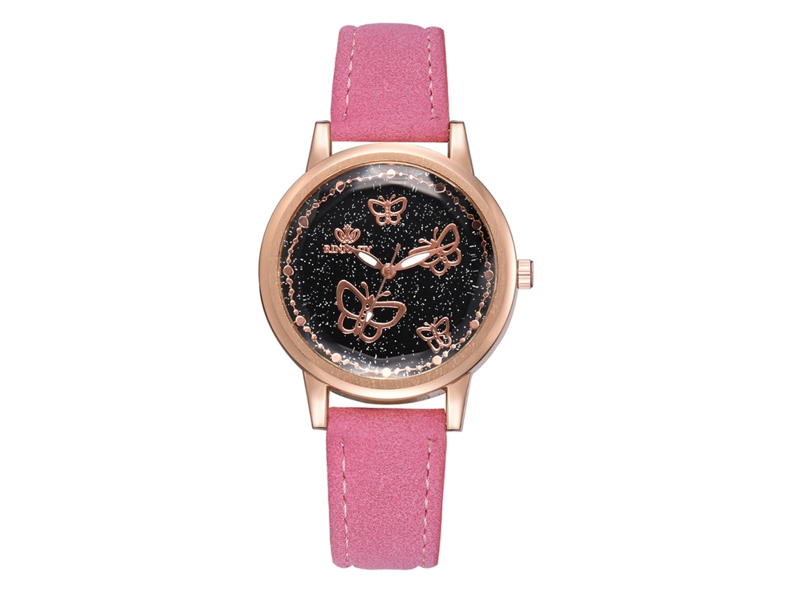 Relógio de Pulso Feminino Elegante de Quartzo com Pulseira de Couro Pu Estrela Céu Rosa