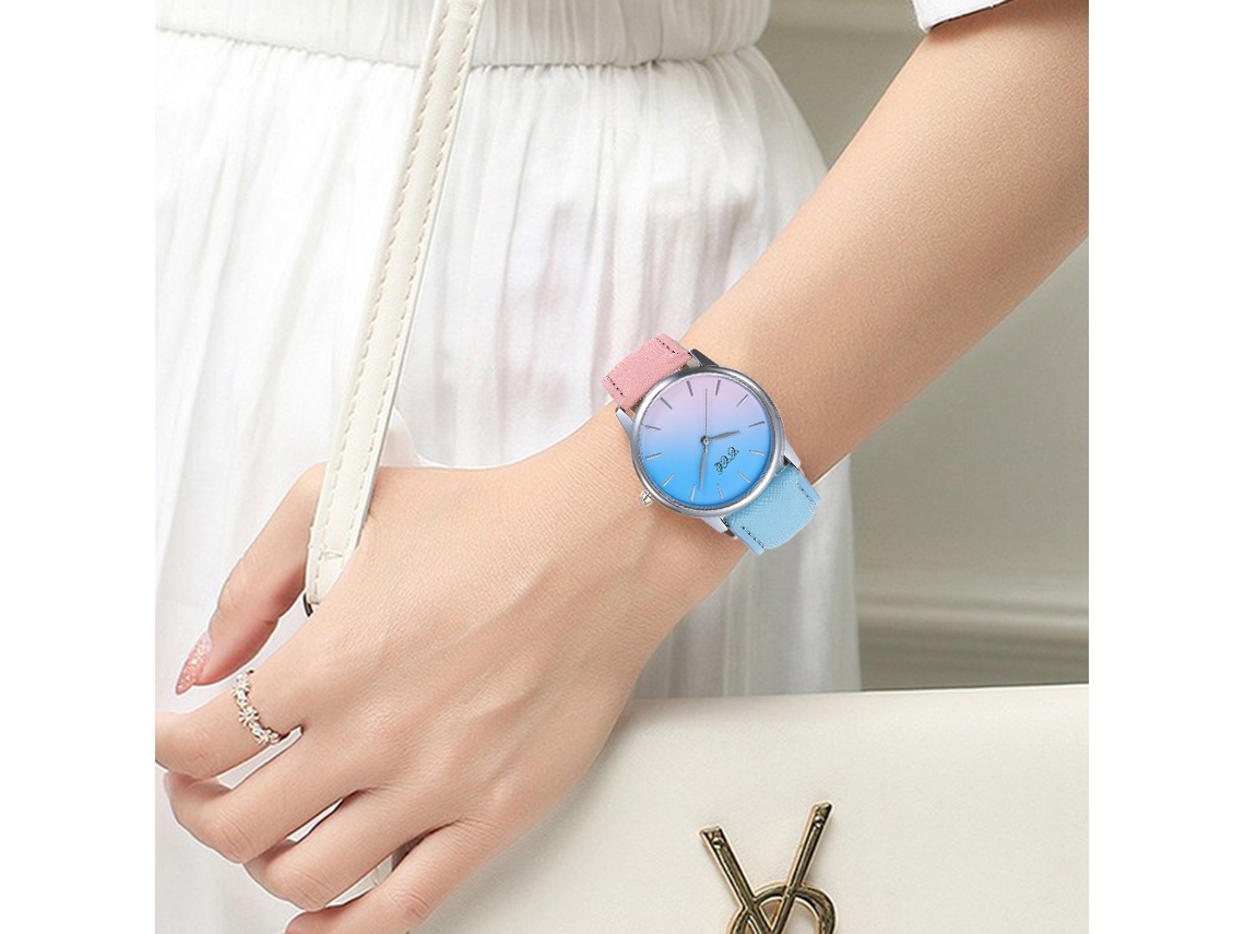 Relógio CCQ Unissex Fashion Bicolor Rosa + Azul em Couro PU com Movimento de Quartzo
