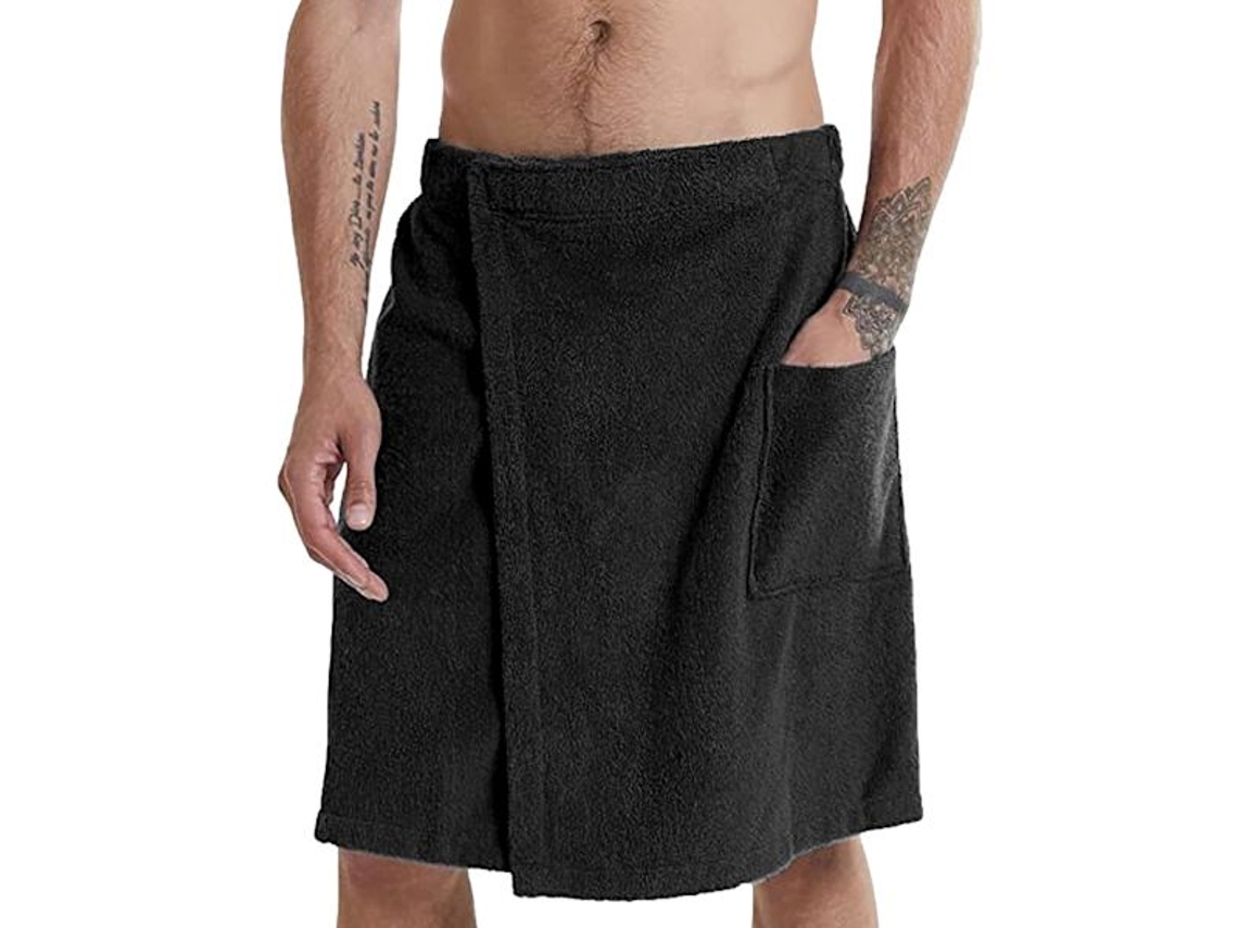 Saia De Toalha De Banho Ajustável Para Homens, Saia De Toalha Portátil Com Bolso Para Academia, Chuveiro, Sauna, Spa E Praia, Preta, Tamanho M