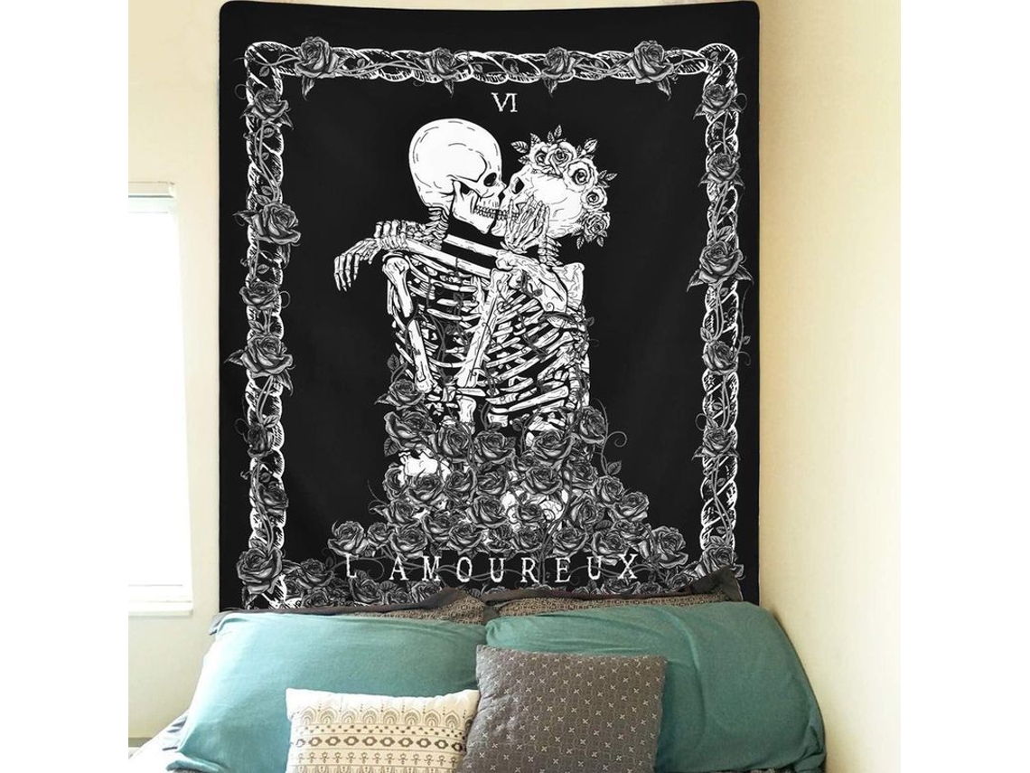 Tapestry De Cráneo De Amantes Con Tarot L'amoureux 6, Decoración Mural Negra Blanca 150x130cm