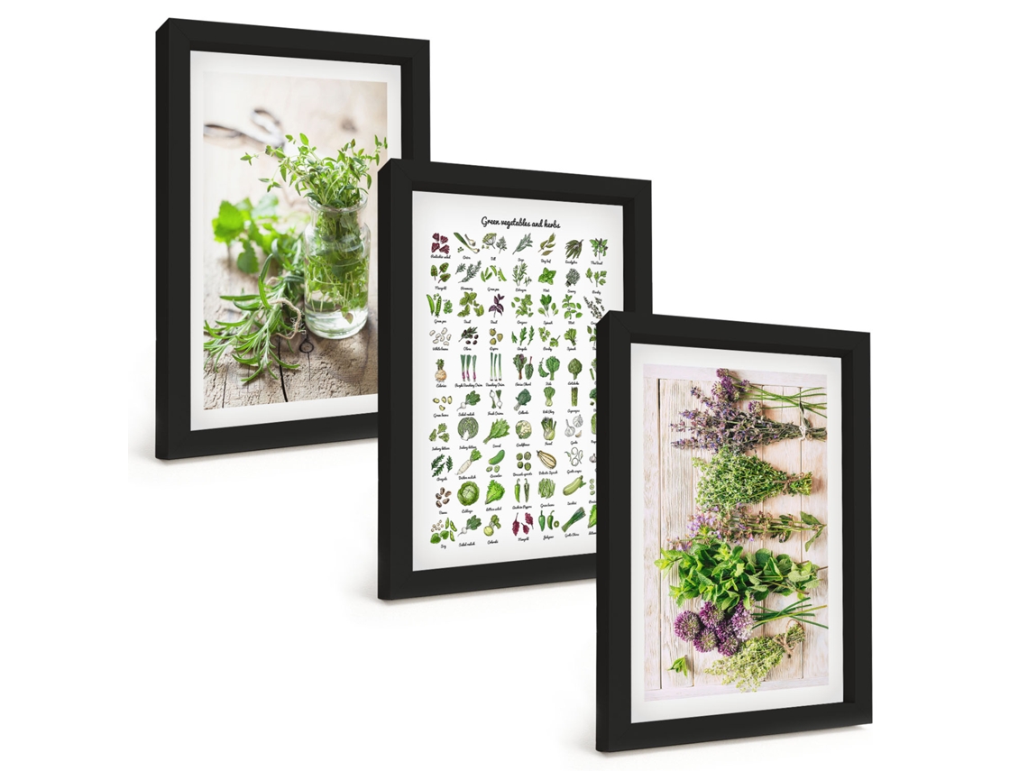 Pinturas Murais Modernas Ervas Secas Para A Cozinha Moldura Preta Fotos Para O Corredor Espelharte (3 Peças 20x30 Cm)