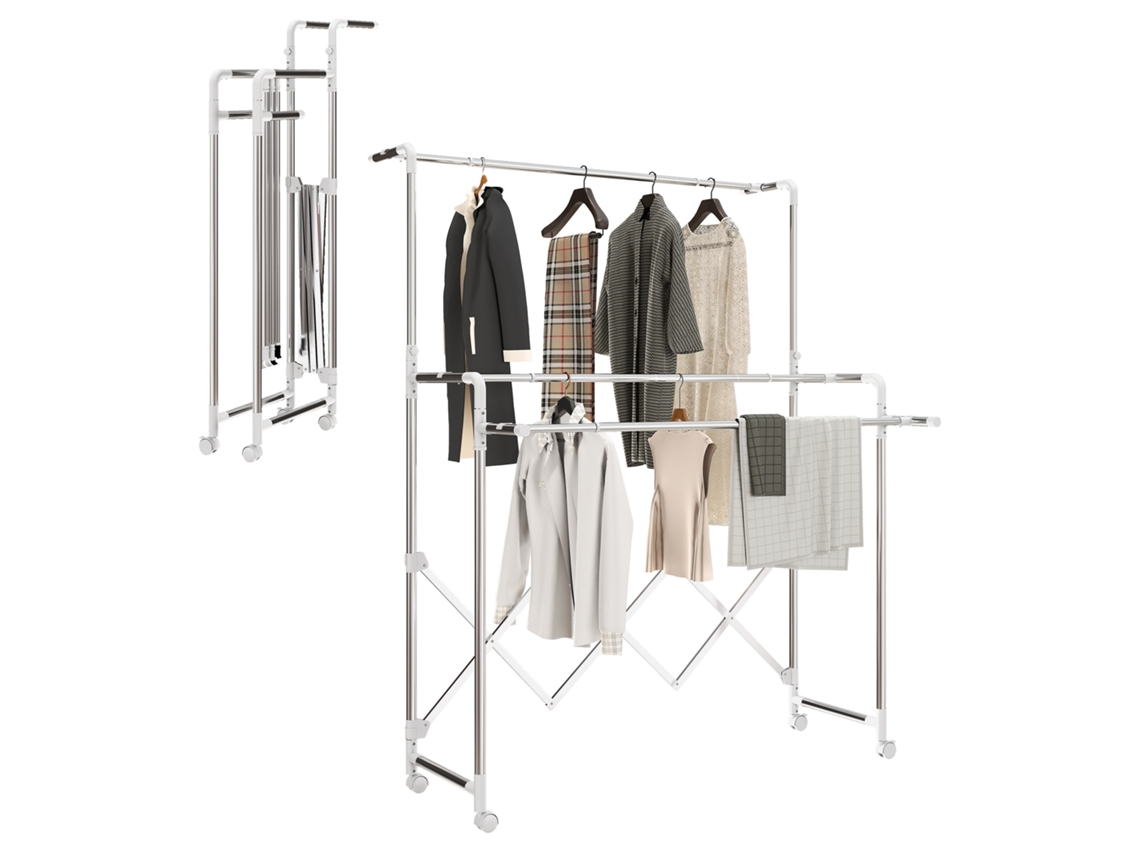 Séchoir à linge plegable com 3 barras ajustáveis e 4 rodinhas 104 150x103x145 197cm prateado BTFORUS