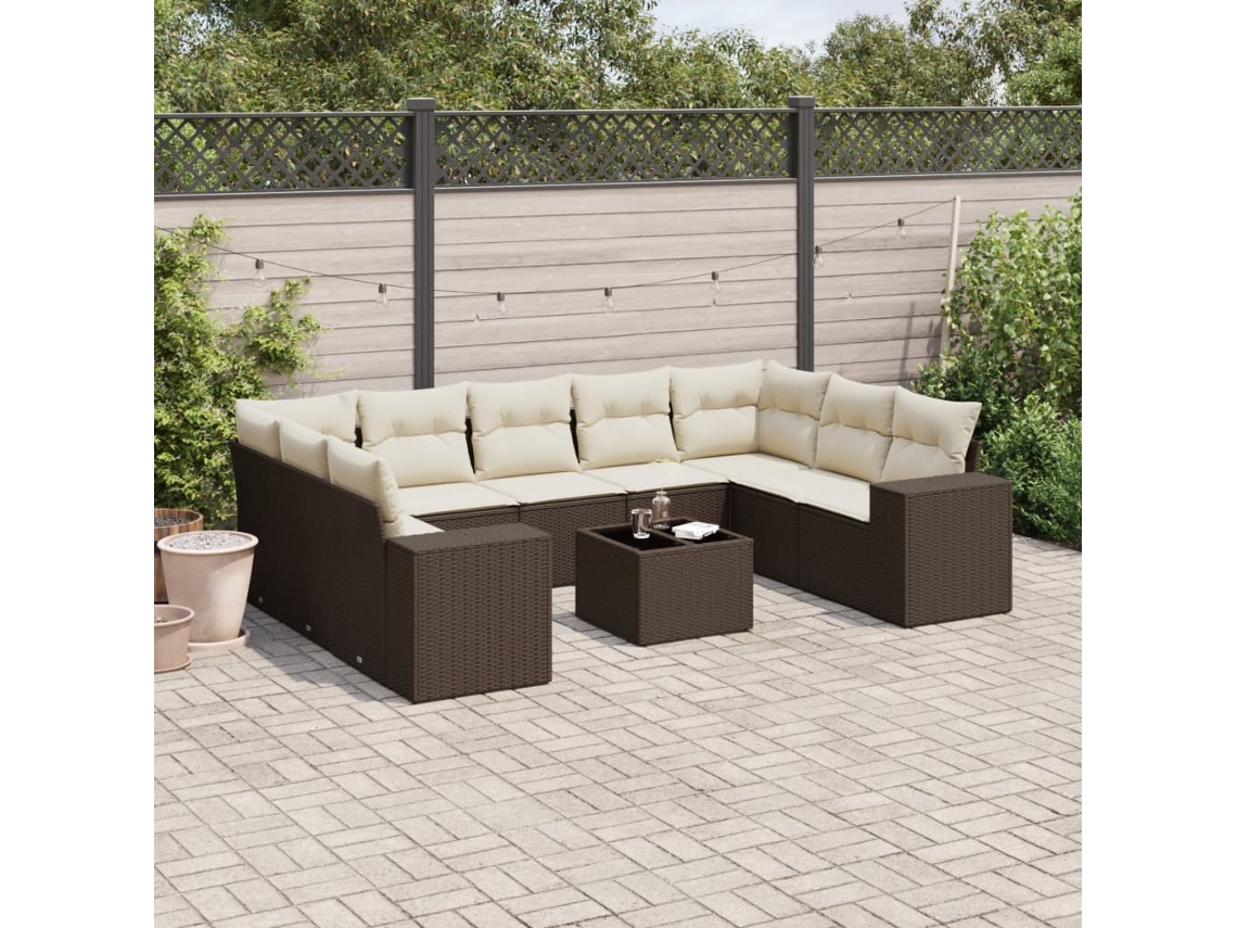 Vidaxl 10 Pcs Conj. Sofás Jardim Com Almofadões Vime Pe Castanho